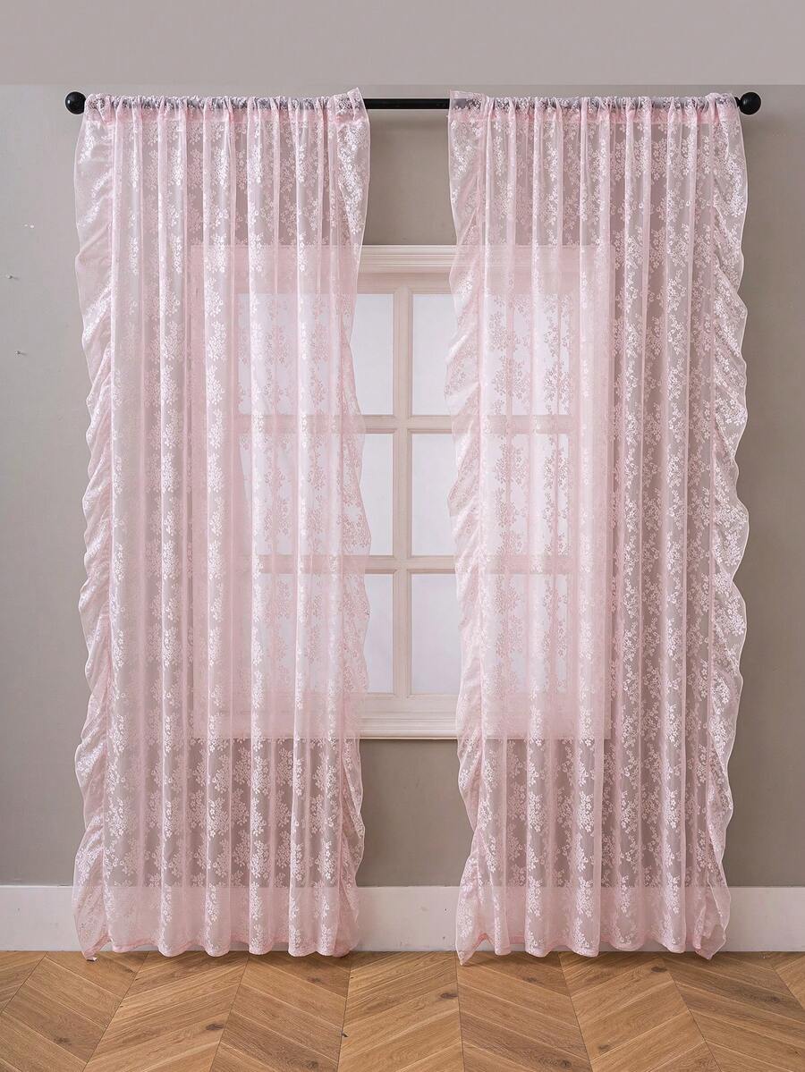 French Countryside Floral Lace Trim Curtain Sheer For Living Room
