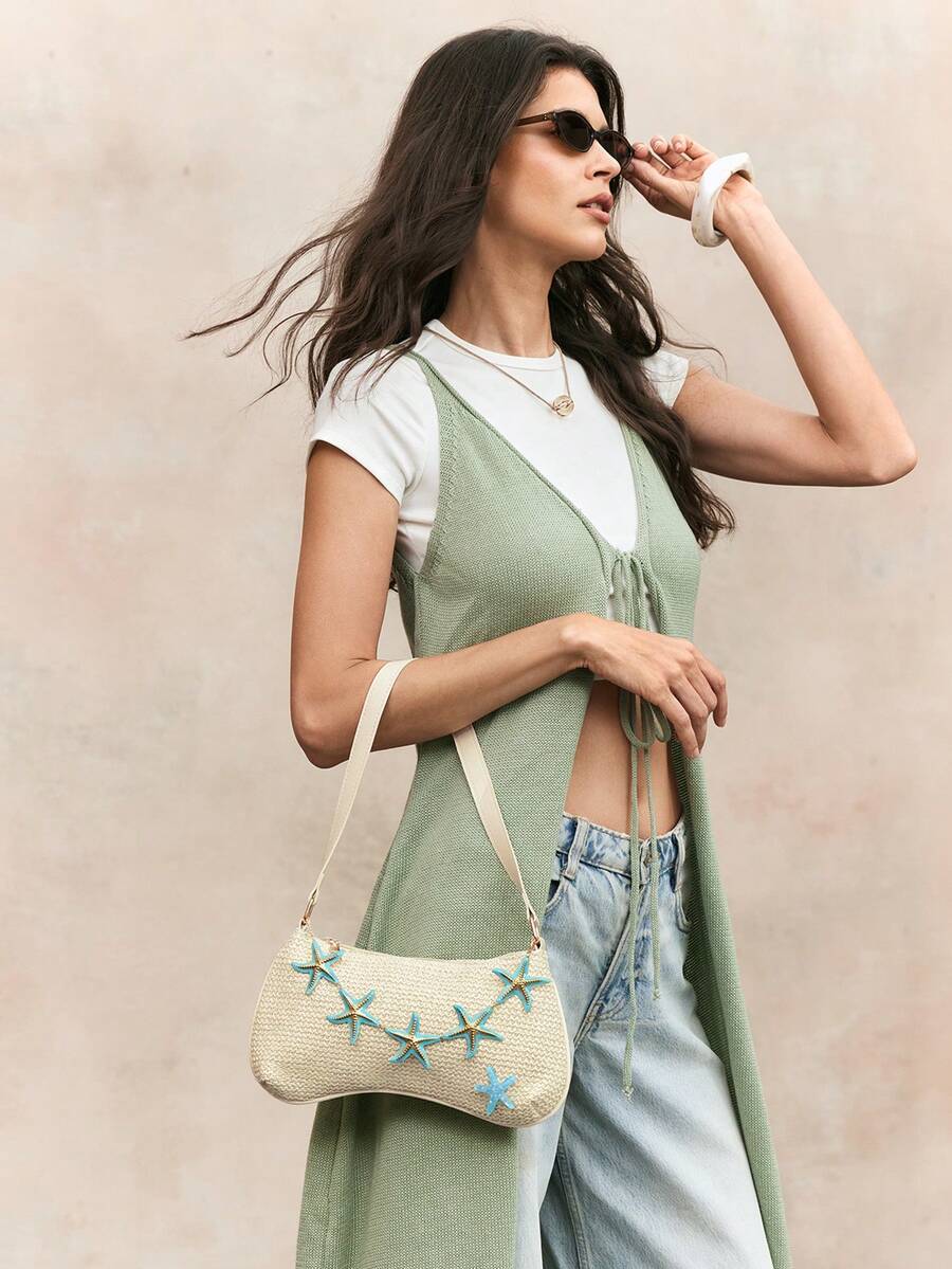ROMWE Fairycore Summer Beach Starfish Series Woven Shoulder Bag