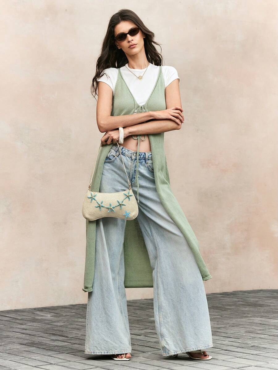 ROMWE Fairycore Summer Beach Starfish Series Woven Shoulder Bag