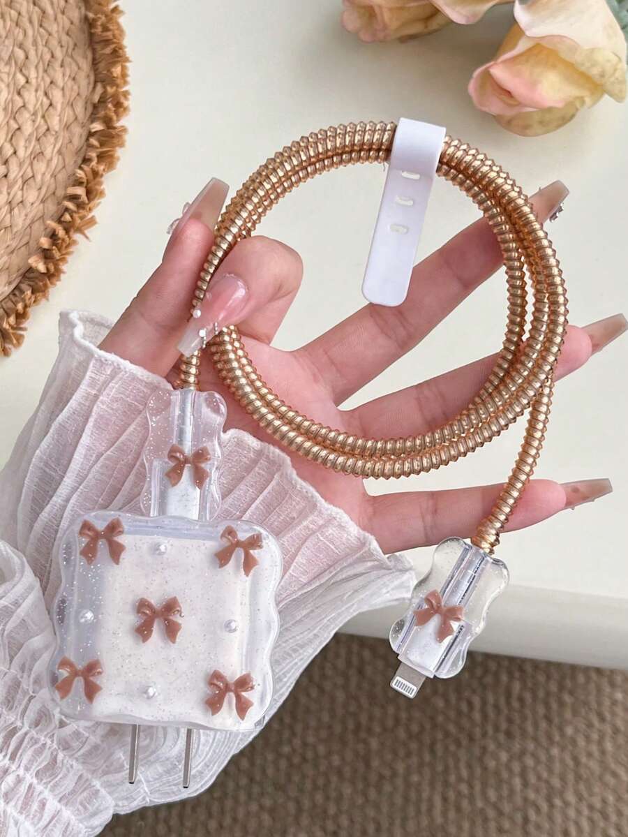 Purple Bow & White Pearl Design Charging Accessory Set