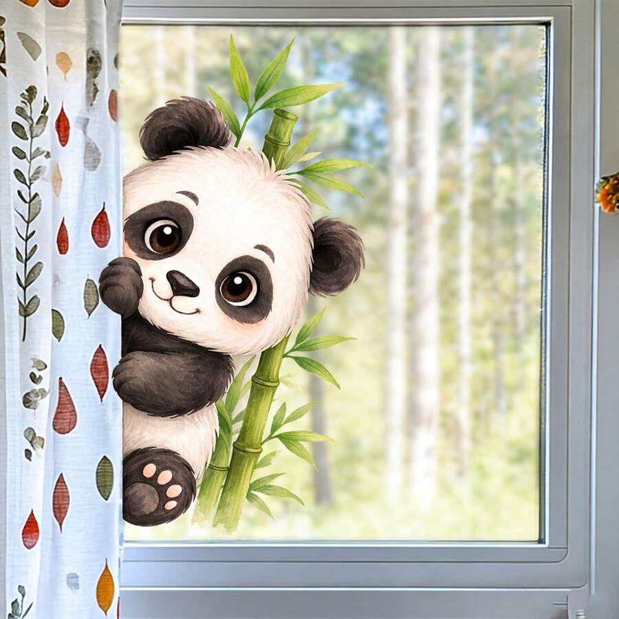 Cartoon Panda Window Decal, Bamboo Floral Glass Sticker