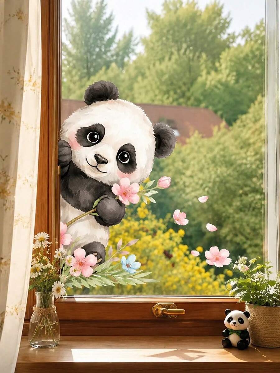 Cartoon Panda Window Decal, Bamboo Floral Glass Sticker