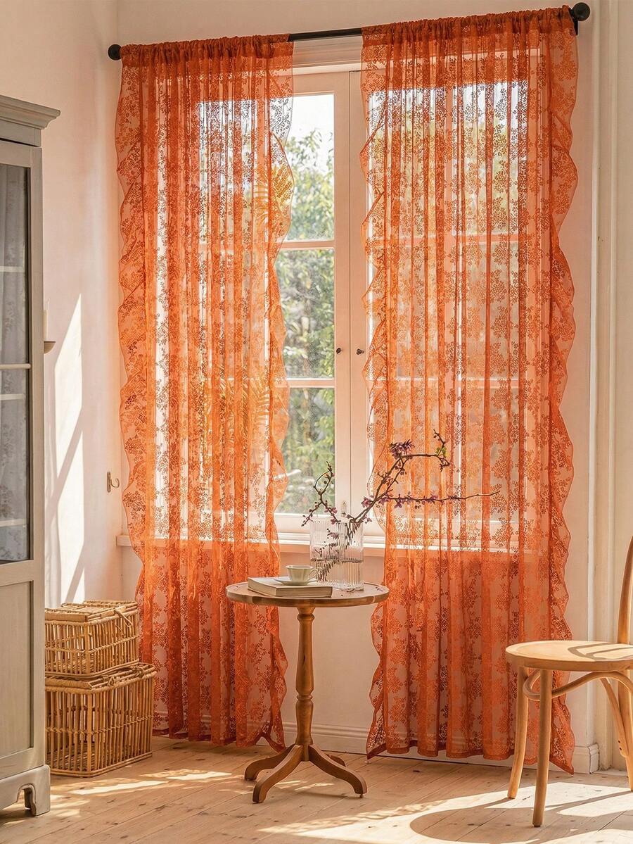 French Countryside Floral Lace Trim Curtain Sheer For Living Room