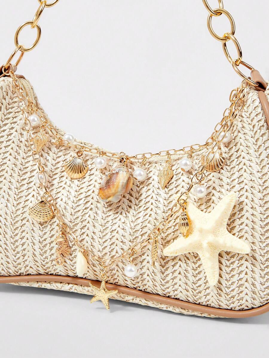 ROMWE Fairycore Summer Beach Starfish Series Woven Shoulder Bag