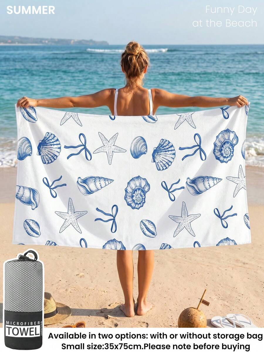 Blue Shell Print Beach Towel, Swimming Towel
