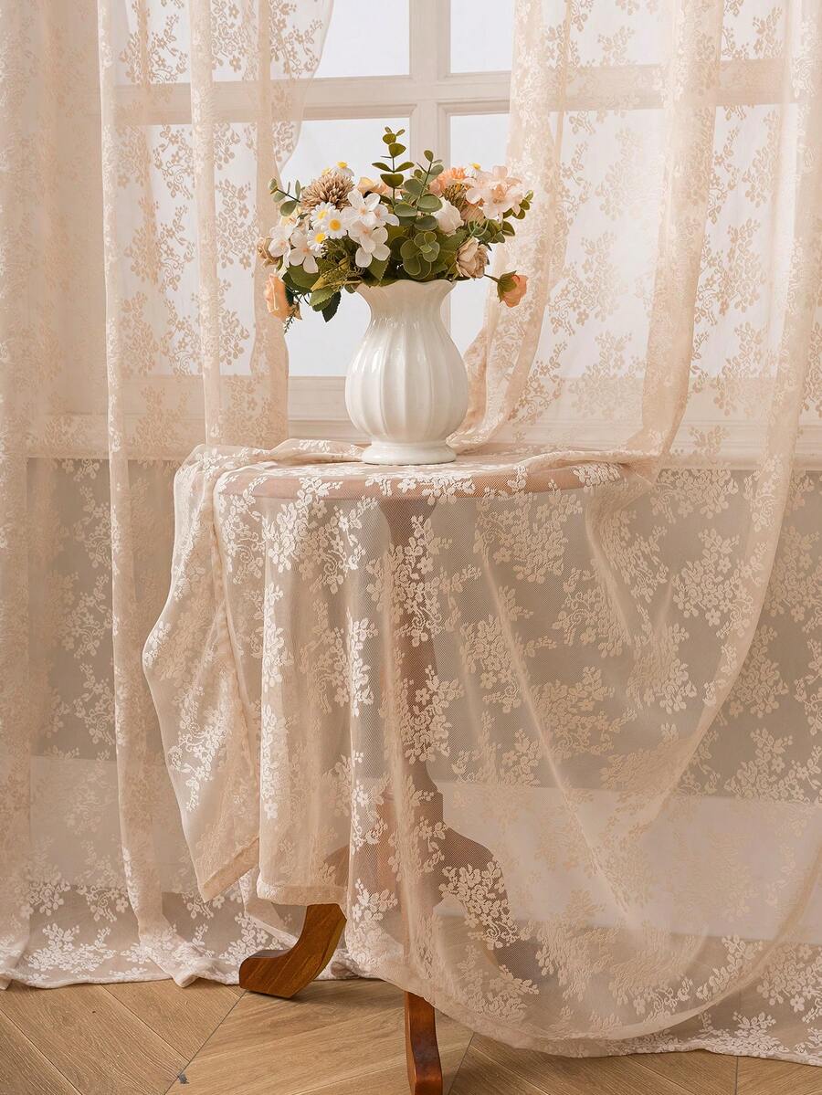 French Countryside Floral Lace Trim Curtain Sheer For Living Room
