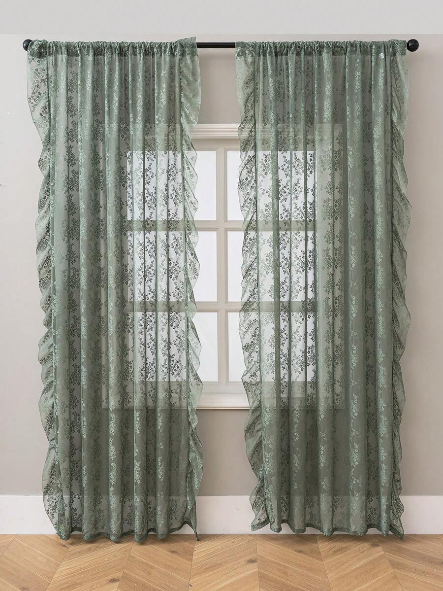 French Countryside Floral Lace Trim Curtain Sheer For Living Room