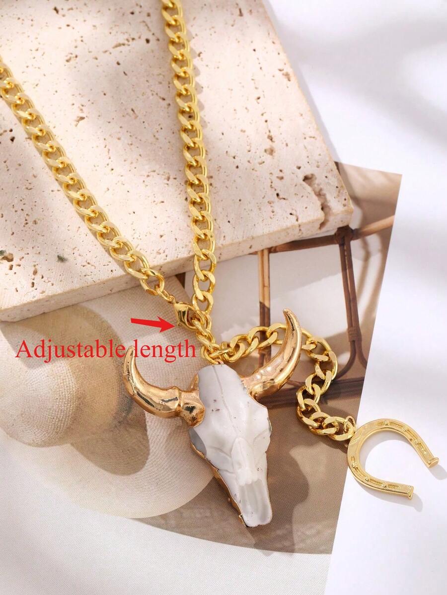 Unique Western Style Gold Copper Bead Horse Hoof Alloy Skull Bull Head Necklace