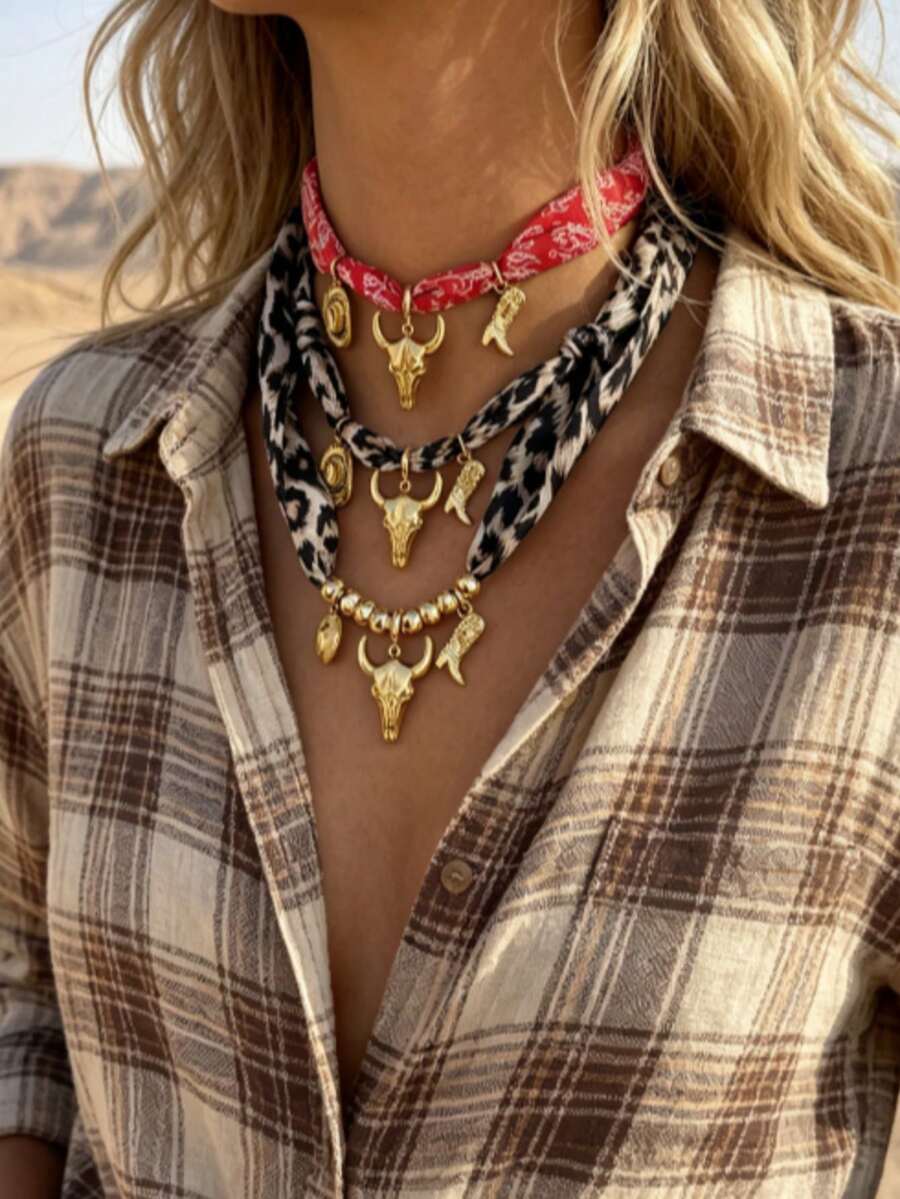 Unique Western Style Gold Copper Bead Horse Hoof Alloy Skull Bull Head Necklace