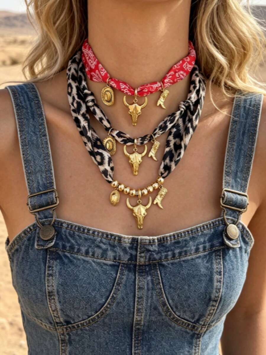 Unique Western Style Gold Copper Bead Horse Hoof Alloy Skull Bull Head Necklace