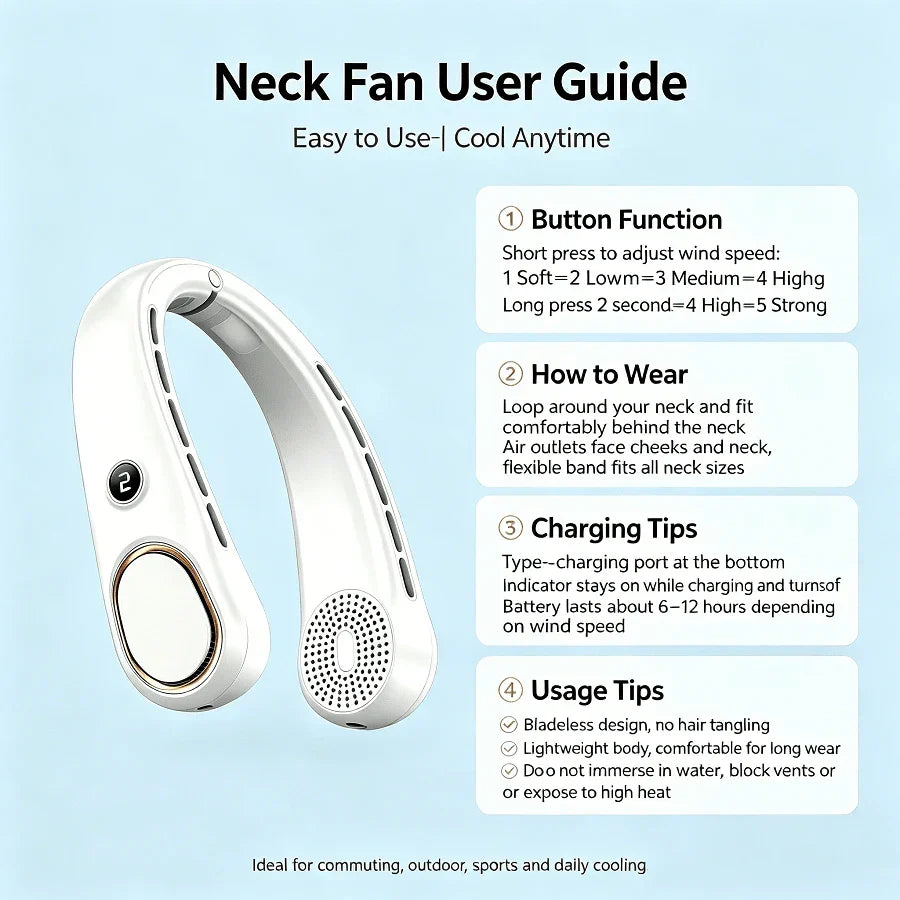 Hands-Free Bladeless Neck Fan Portable Rechargeable, 360° Cooling Neck Fan