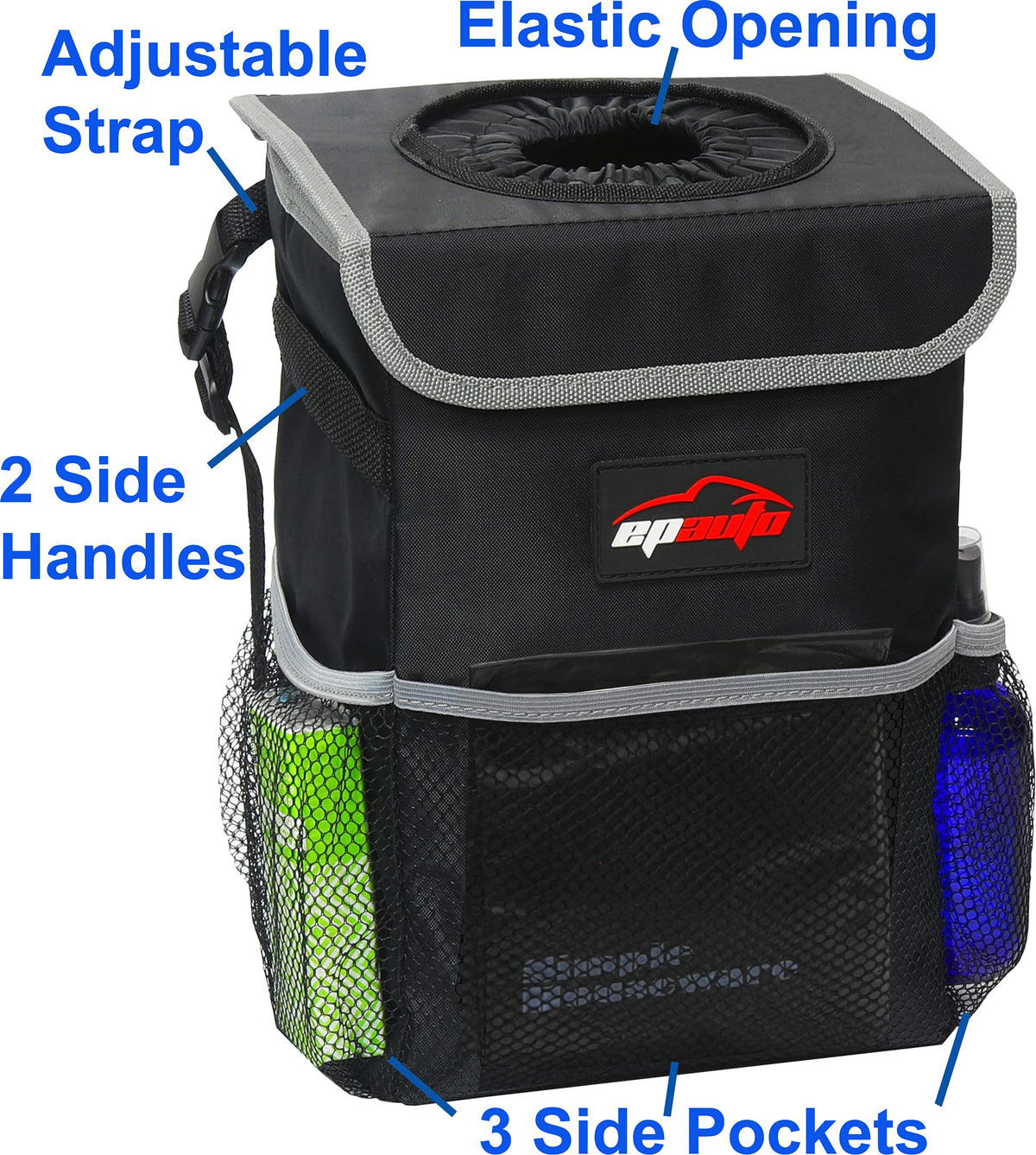 EPAuto Waterproof Car Trash Can with Lid and Pockets, 2.5 Gal, Black