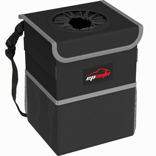 EPAuto Waterproof Car Trash Can with Lid and Pockets, 2.5 Gal, Black
