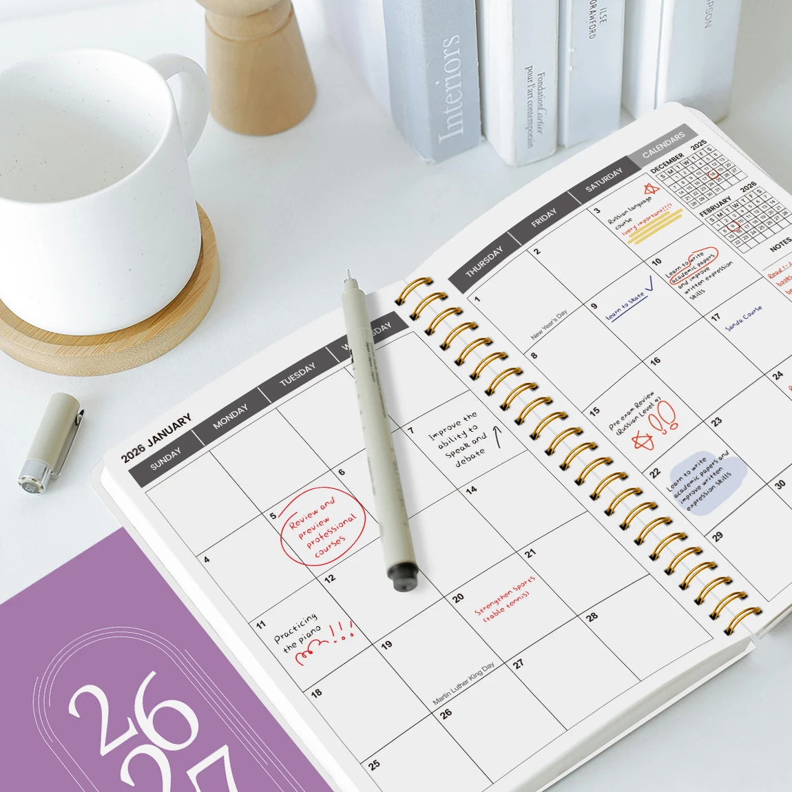 TREES Notebook Promotion 2026-2027 A5 Weekly & Monthly Planner ,Gold coil binding, purple minimalist notebook