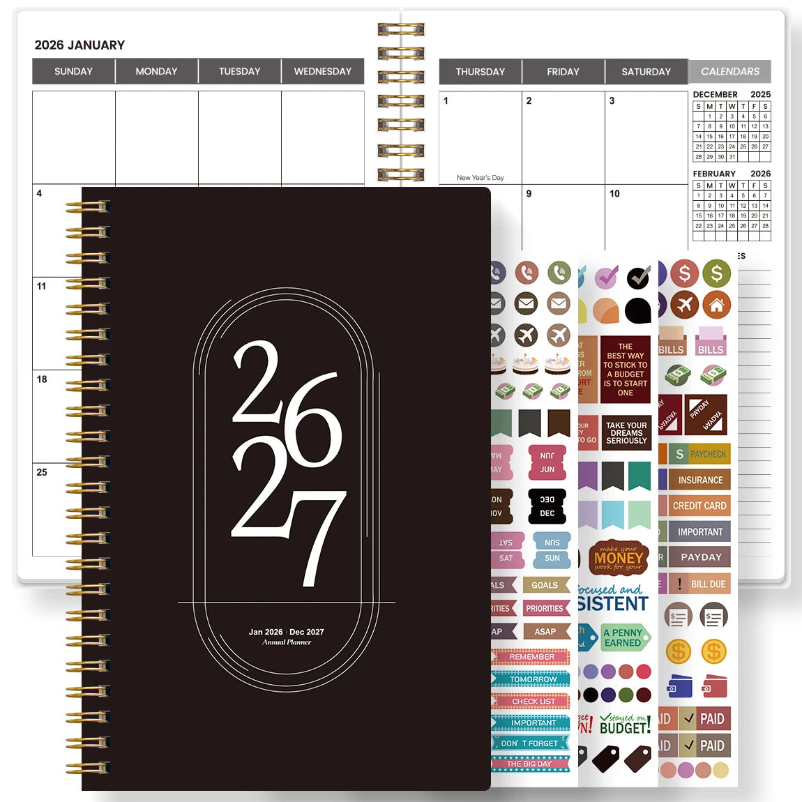TREES Notebook Promotion 2026-2027 A5 Weekly & Monthly Planner ,Gold coil binding, purple minimalist notebook