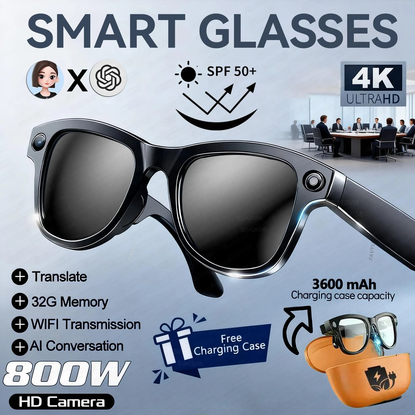 2026 New 32G Memory 800W 4K Camera Smart Glasses Men Photos&Videos 3600mAh Power Bank 120+Languages Translation AI Glasses Women