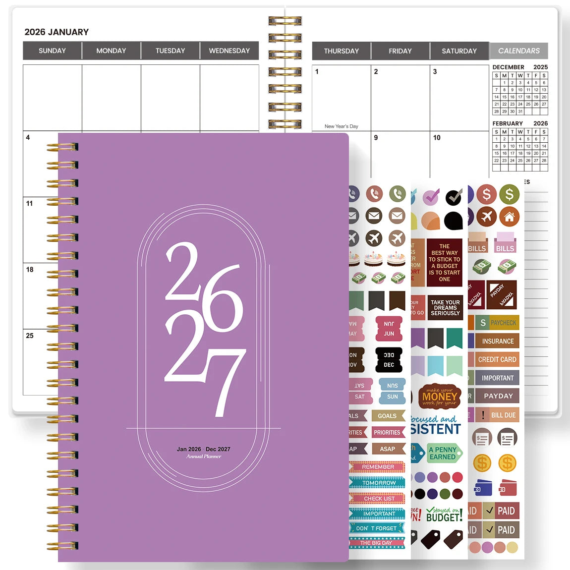 TREES Notebook Promotion 2026-2027 A5 Weekly & Monthly Planner ,Gold coil binding, purple minimalist notebook