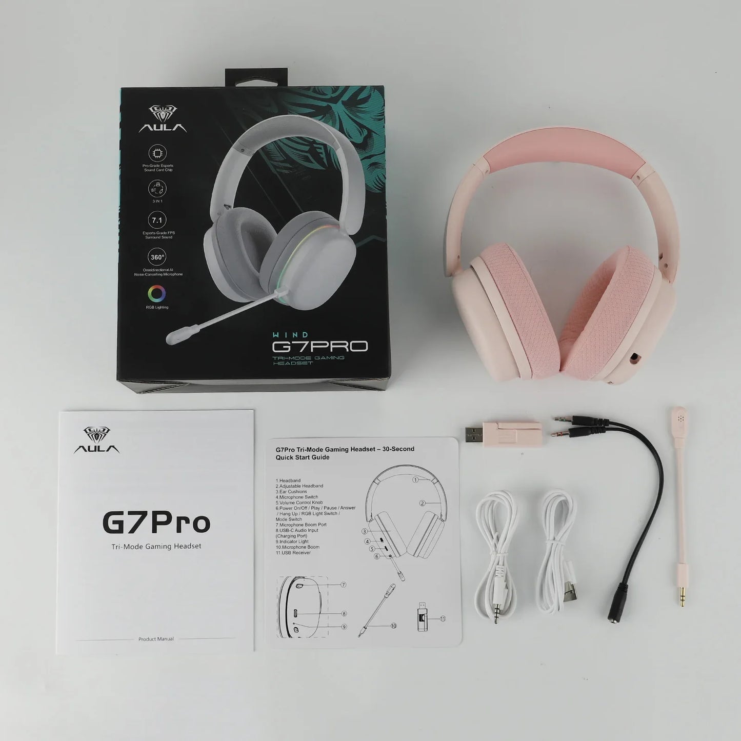 AULA G7 Pro Wired/Bluetooth/2.4GHz Wireless Gaming Headphone Noise-Canceling Microphone with RGB Light for PS4/PS5/PC/Switch