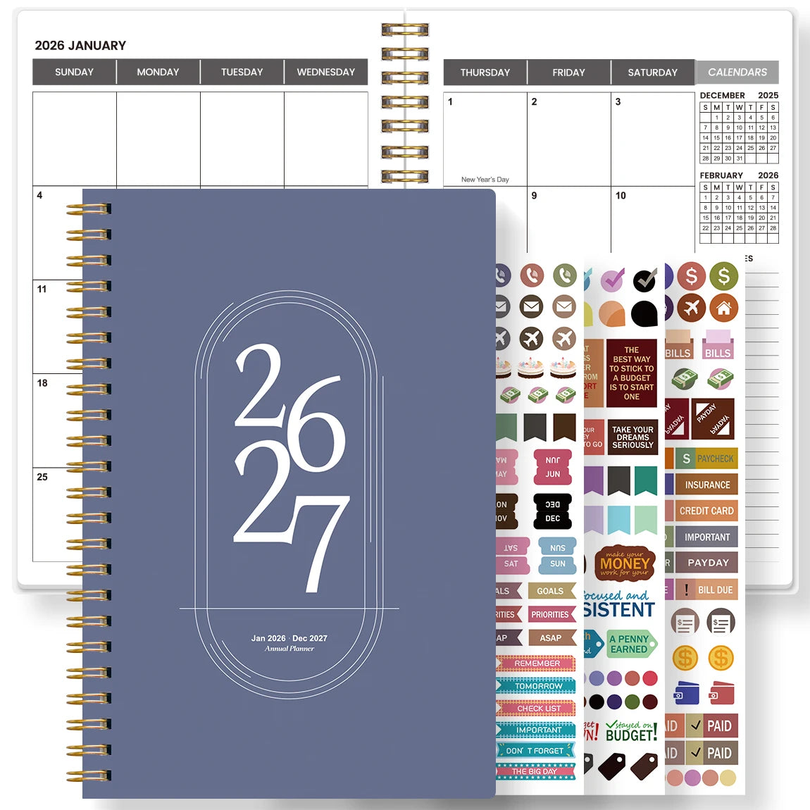 TREES Notebook Promotion 2026-2027 A5 Weekly & Monthly Planner ,Gold coil binding, purple minimalist notebook