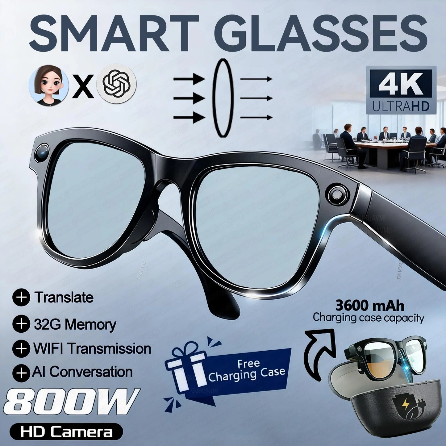 2026 New 3600mAh Large Capacity Smart Glasses 800W Pixel Anti-shake Camera 120+Language Translation Video Recording Call Glasses