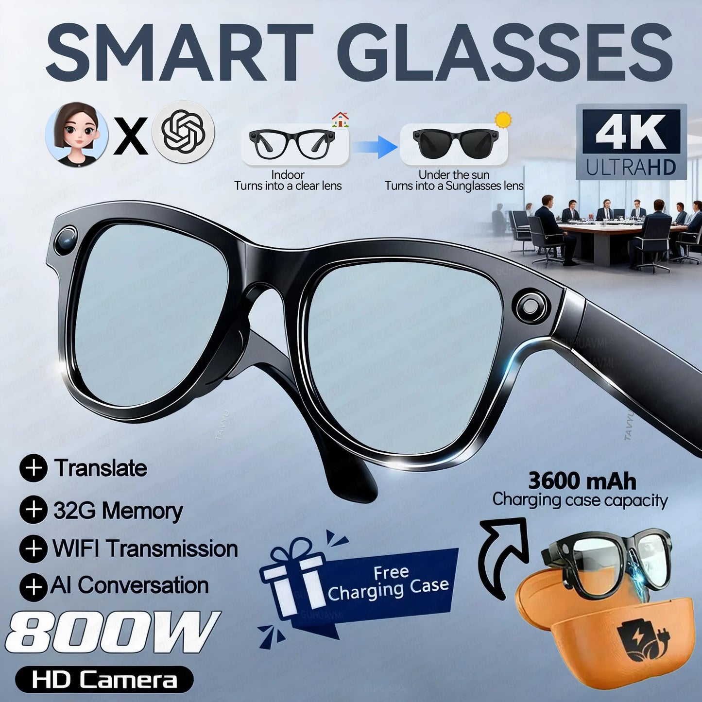 2026 New 3600mAh Large Capacity Smart Glasses 800W Pixel Anti-shake Camera 120+Language Translation Video Recording Call Glasses
