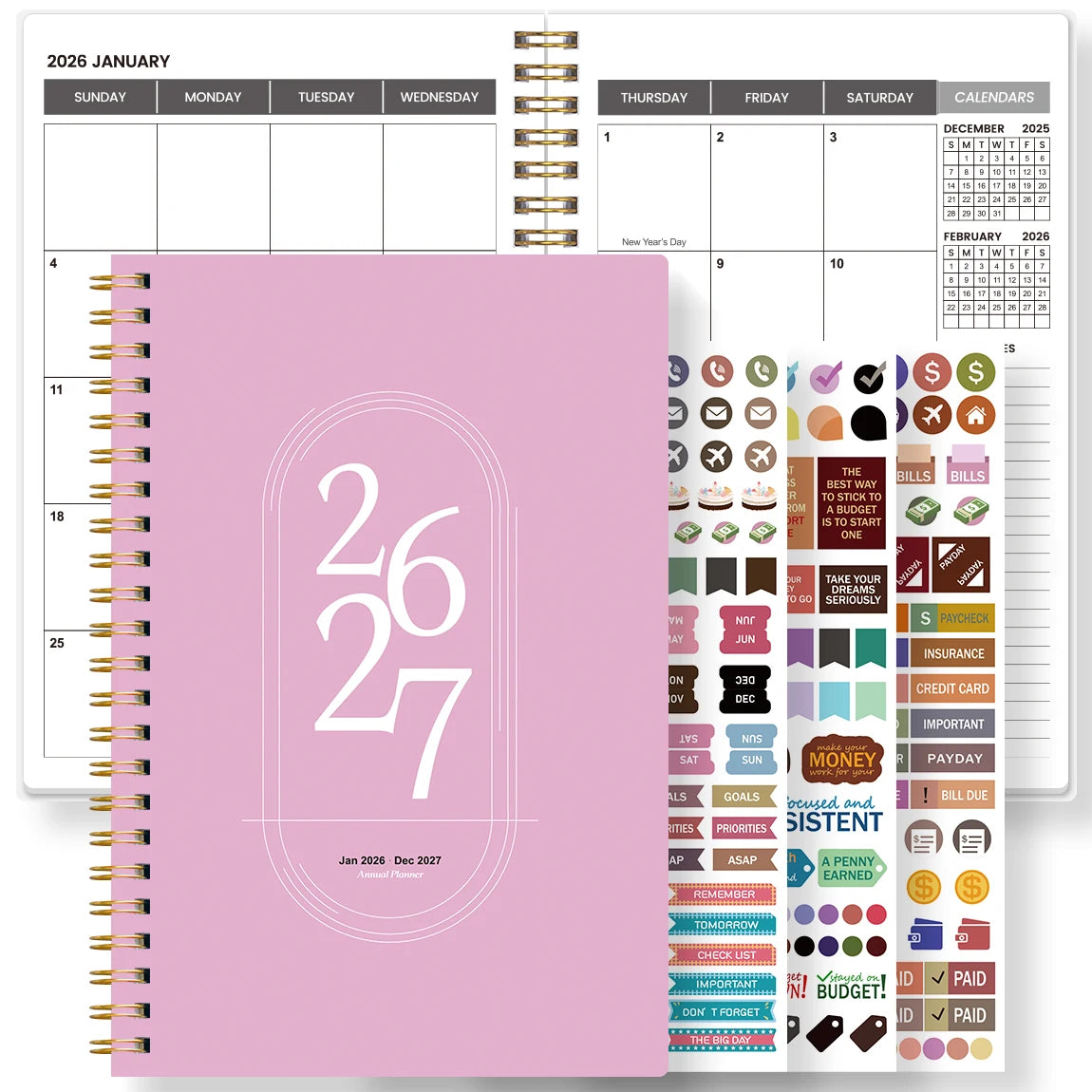 TREES Notebook Promotion 2026-2027 A5 Weekly & Monthly Planner ,Gold coil binding, purple minimalist notebook