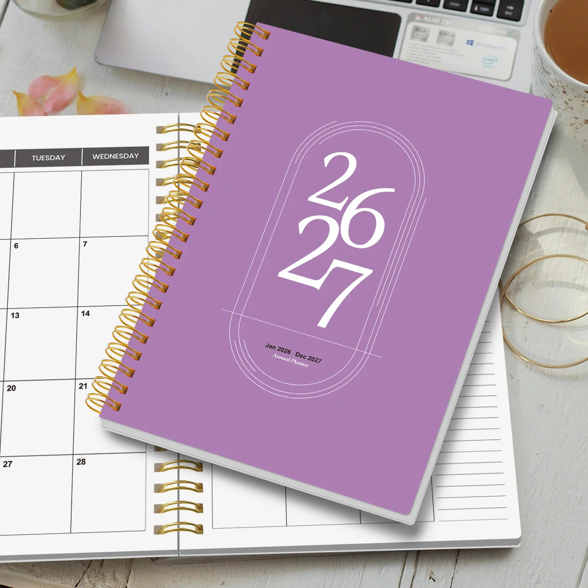 TREES Notebook Promotion 2026-2027 A5 Weekly & Monthly Planner ,Gold coil binding, purple minimalist notebook