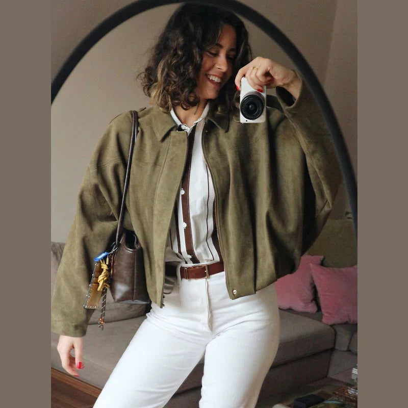 HXAO Women’s Suede Bomber Jacket