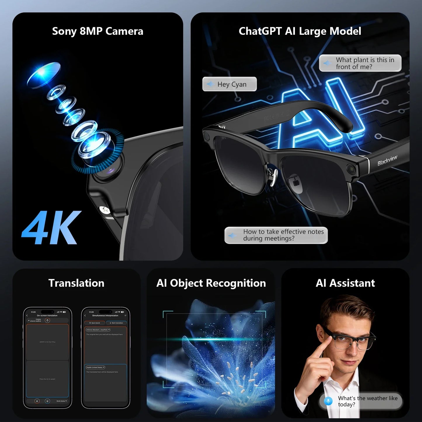 【World premiere】Blackview BV200 Shooting Smart glasses 8MP 4K HD camera Bluetooth Call Voice Assistant AI Translation Glasses