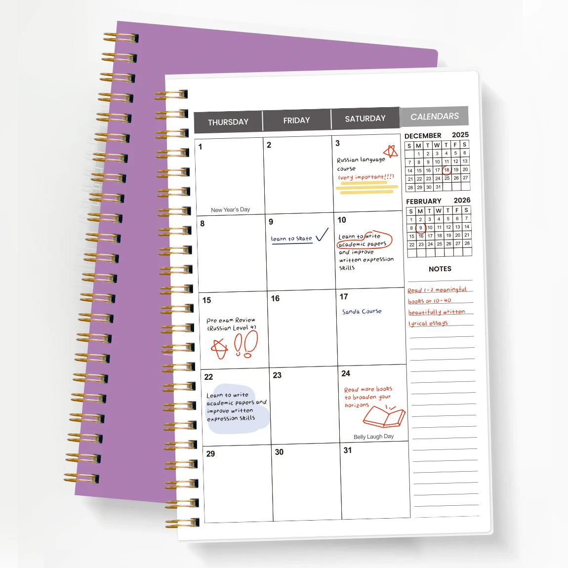 TREES Notebook Promotion 2026-2027 A5 Weekly & Monthly Planner ,Gold coil binding, purple minimalist notebook
