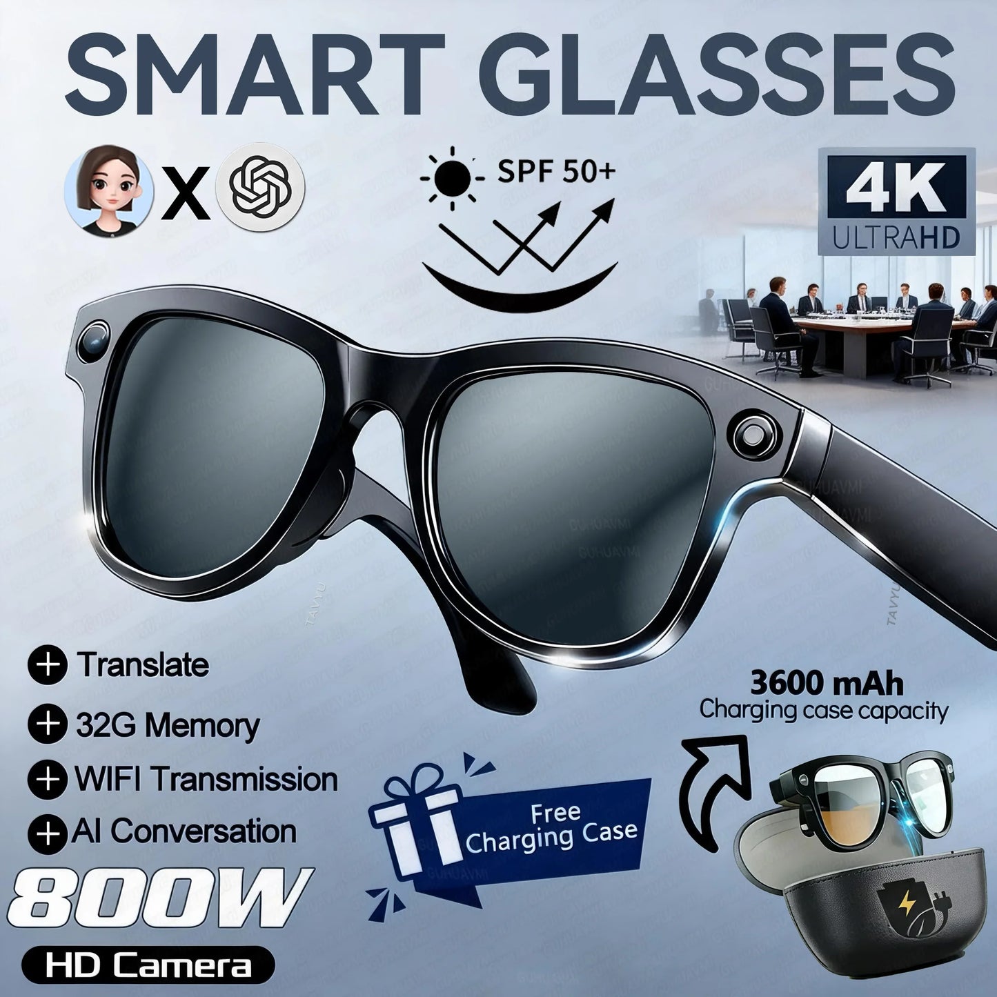2026 New 32G Memory 800W 4K Camera Smart Glasses Men Photos&Videos 3600mAh Power Bank 120+Languages Translation AI Glasses Women