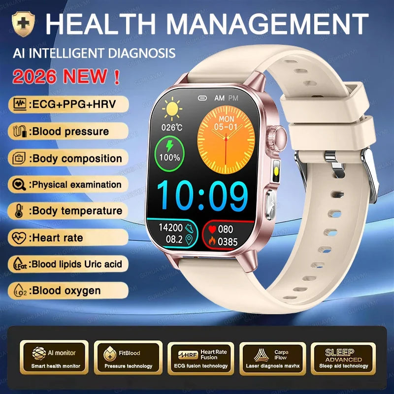 New Men Accurate Health Diagnosis ECG Smart Watch Blood Pressure Blood Oxygen Blood Fat Uric Acid Temp Bluetooth call Smartwatch