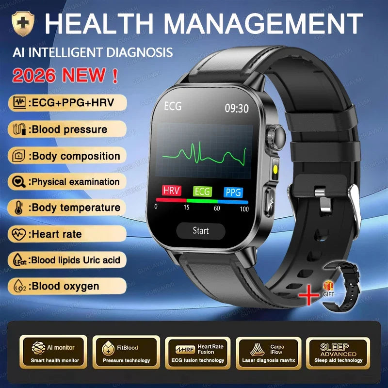 New Men Accurate Health Diagnosis ECG Smart Watch Blood Pressure Blood Oxygen Blood Fat Uric Acid Temp Bluetooth call Smartwatch