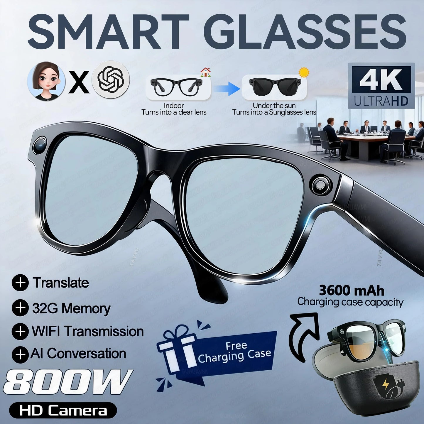 2026 New 3600mAh Large Capacity Smart Glasses 800W Pixel Anti-shake Camera 120+Language Translation Video Recording Call Glasses