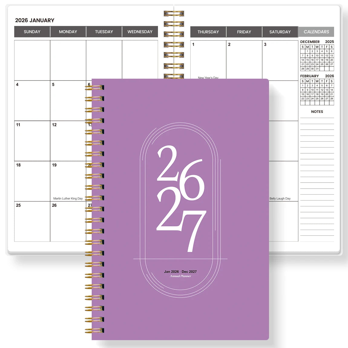 TREES Notebook Promotion 2026-2027 A5 Weekly & Monthly Planner ,Gold coil binding, purple minimalist notebook